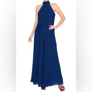 MEGHAN LA Wild Orchid Pleated Sleeveless Jumpsuit Small Navy Blue Wide Leg New